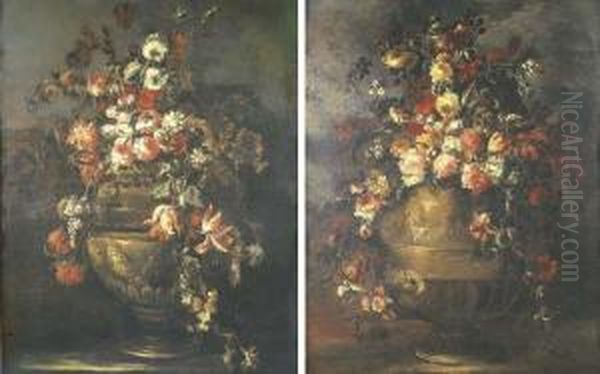 Roses, Tulips, Carnations And Other Flowers In Sculpted Vases Oil Painting by Margherita Caffi