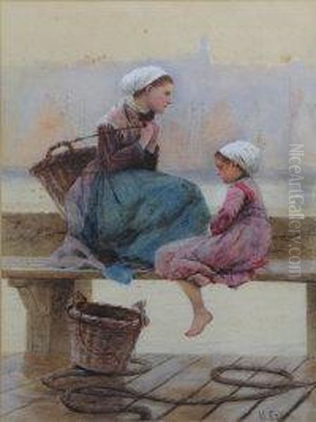 Fisher Girls Resting On The Embankment Oil Painting by Hector Caffieri