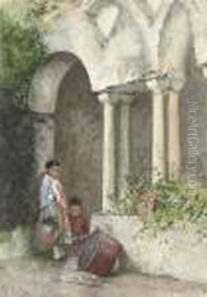 Two Mexican Children In A Courtyard Oil Painting by Hector Caffieri