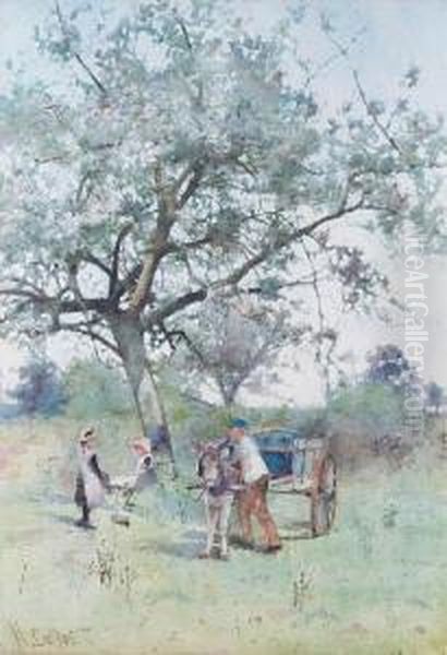 Children And Donkey Cart Before A Blossom Tree Oil Painting by Hector Caffieri