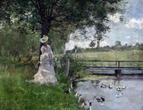 Woman Beside A Duck Pond Oil Painting by Hector Caffieri