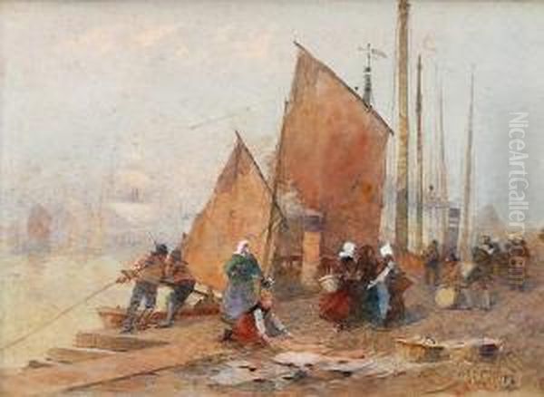 Scene De Quai En Bretagne Oil Painting by Hector Caffieri