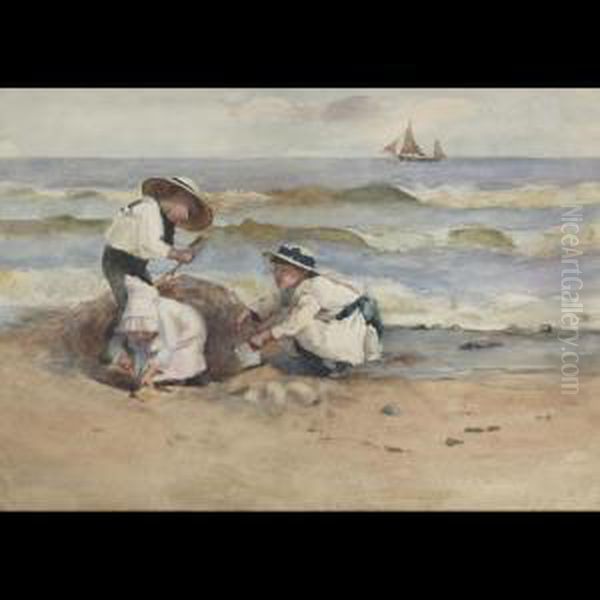 Children Building Sand Castles Oil Painting by Hector Caffieri