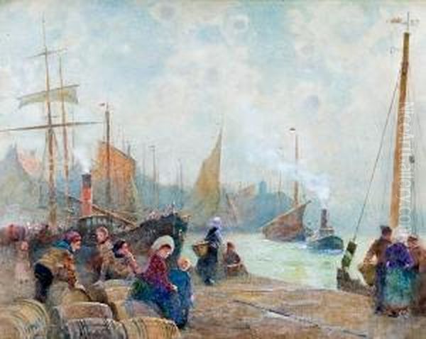 Fisherfolk On The Quayside Oil Painting by Hector Caffieri