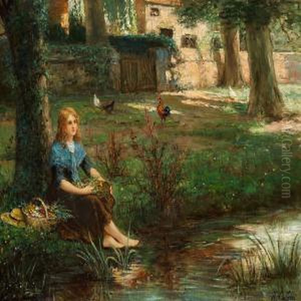 Young Girl Taking A Rest On The Border Of A Lake Oil Painting by Hector Caffieri