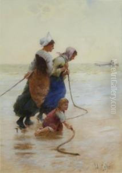 Fisherwomen Hauling In The Nets Oil Painting by Hector Caffieri