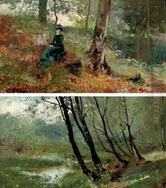 A Lady Artist In A Wood; And A Wooded River Landscape Oil Painting by Hector Caffieri