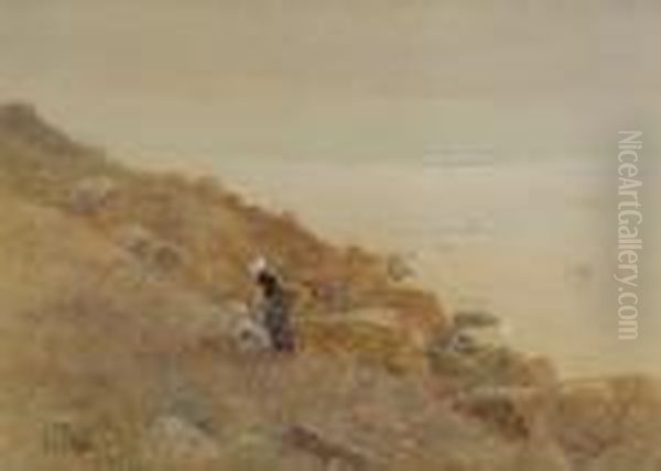 Coastal Scene With Children Picking Flowers On A Cliffside Oil Painting by Hector Caffieri