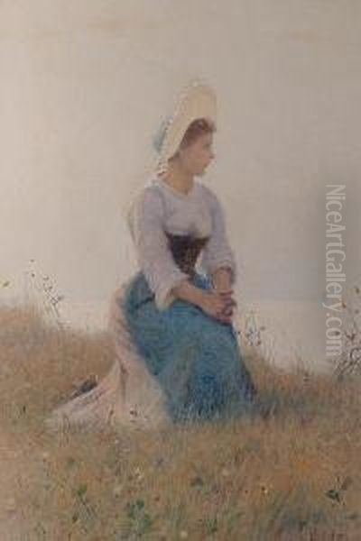 A Beautiful Girl In A Meadow. Oil Painting by Hector Caffieri