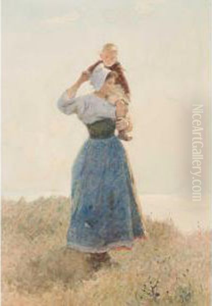 Young Woman With A Child On A Hillside Oil Painting by Hector Caffieri