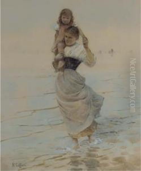 A Mother Carrying Her Child Through The Shallows Oil Painting by Hector Caffieri