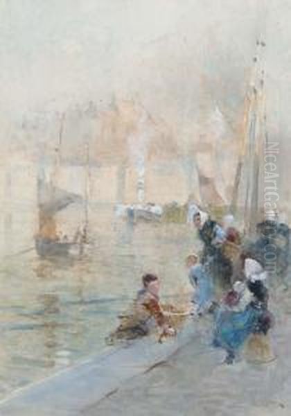 Fisherwomen With Their Children On The Quayside Oil Painting by Hector Caffieri