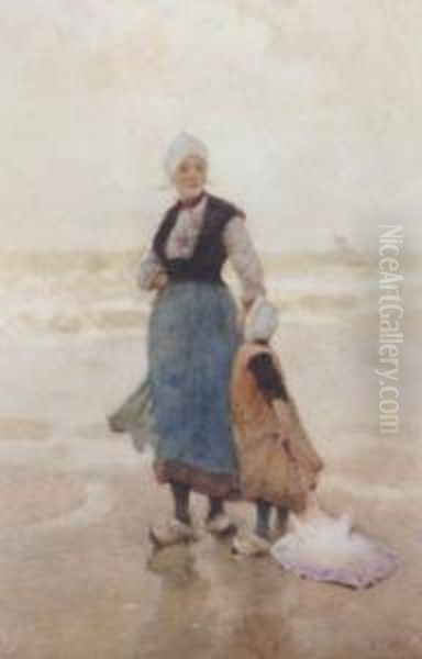 Breton Girl On The Shore Oil Painting by Hector Caffieri