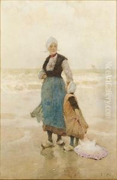 Breton Girls On The Shore, Boulogne Oil Painting by Hector Caffieri