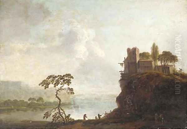 A river landscape with a hilltop village and anglers in the foreground Oil Painting by Christian Hilfgott Brand