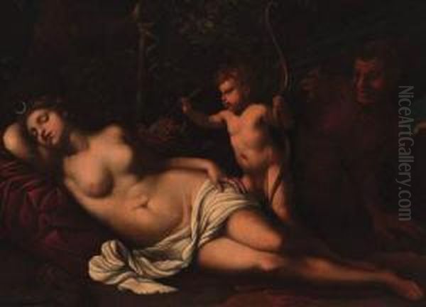 Venus Sleeping In A Forest With A Putto Holding Arrows, A Satyrlooking On Oil Painting by Guido Cagnacci