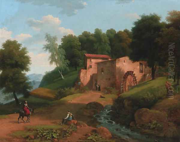 A watermill in a wooded landscape Oil Painting by Jean-Victor Bertin