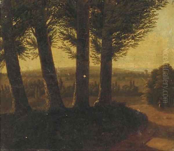 A wooded landscape at dusk with a figure smoking a pipe Oil Painting by Jean-Victor Bertin