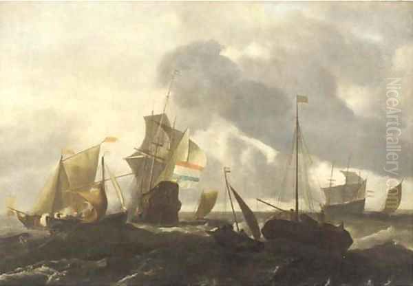 A Dutch man'o-war and other shipping in choppy seas Oil Painting by Ludolf Backhuizen