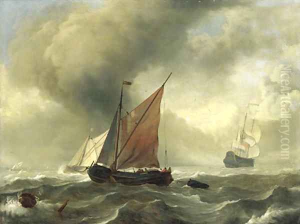 A smalschip in a squall, a Dutch frigate and other shipping beyond Oil Painting by Ludolf Backhuizen