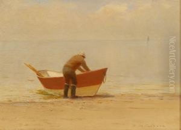 Boatman Launching A Dory With Sailboats In The Distance Oil Painting by Charles Drew Cahoon