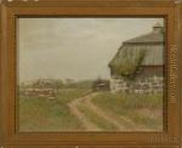 A Cape Cod Country Road Landscape With Barn. Oil Painting by Charles Drew Cahoon