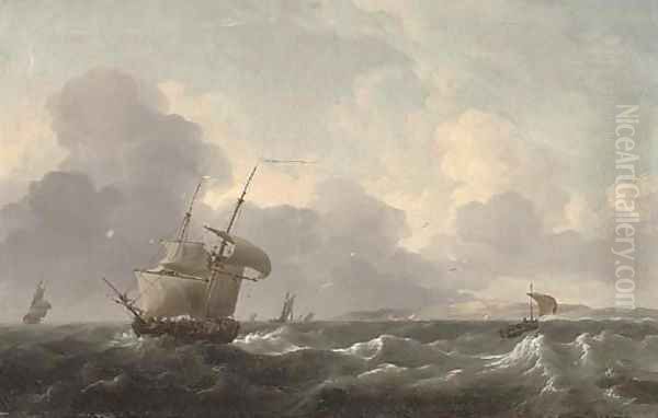 A Dutch merchant brig shortening sail off the coast ahead of the approaching squall Oil Painting by Ludolf Backhuizen