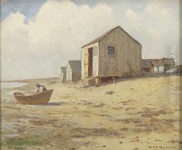 Fishermen Shacks And Aman With Dory by Charles Drew Cahoon