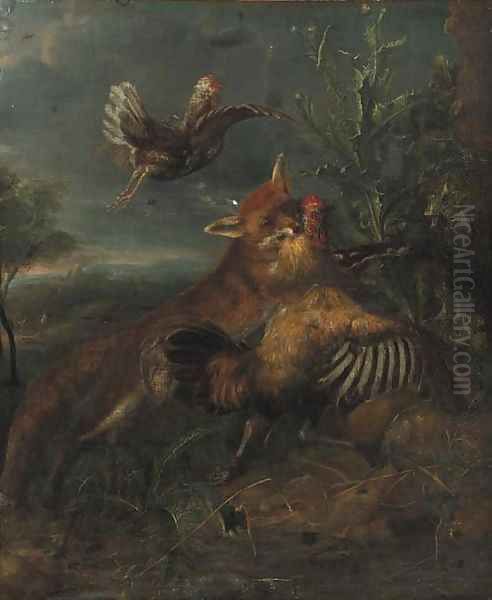 A fox chasing a cockerel by a thistle in a landscape Oil Painting by Peeter Boel