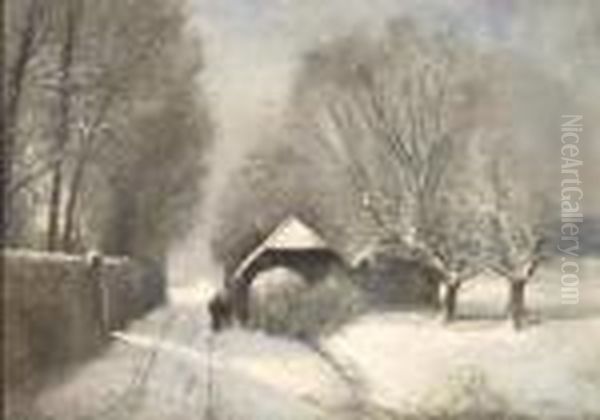 Winterlandscape With Figures Walking Down A Snow Covered Road. by Charles Drew Cahoon