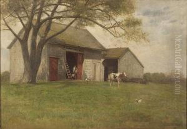 A Man With Pailwalking Into A Barn In Front Of A Farm Yard. by Charles Drew Cahoon