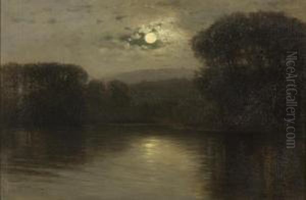 Moonlit Pondscapesurrounded By Trees. Oil Painting by Charles Drew Cahoon