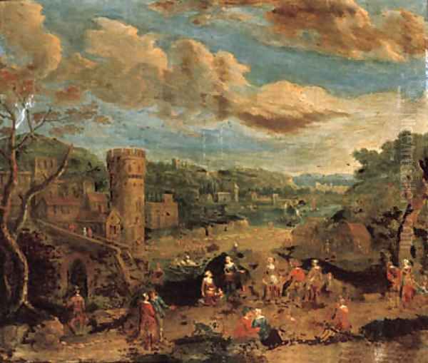 A river landscape with villagers on a track by a ferry; and A river landscape with peasants dancing before a town Oil Painting by Peeter Bout