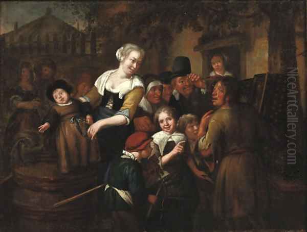 A street pedlar showing his wares to a group of children Oil Painting by Richard Brakenburgh