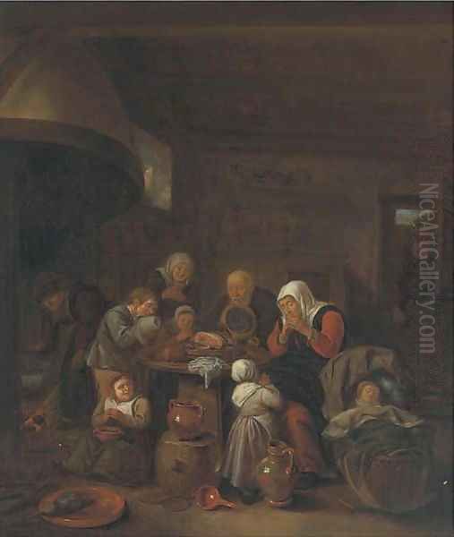 A kitchen interior with a peasant family praying before a meal Oil Painting by Richard Brakenburgh