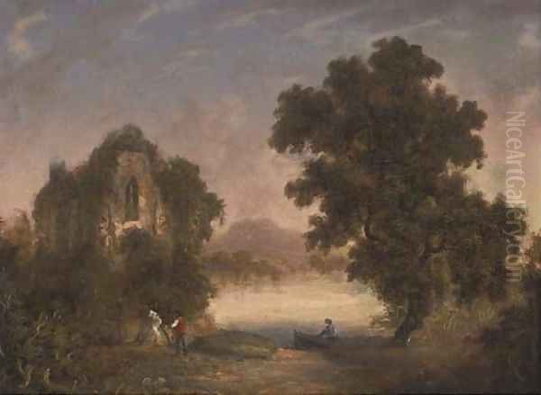 Figures before an Abbey ruin Oil Painting by Richard Woodley Brown