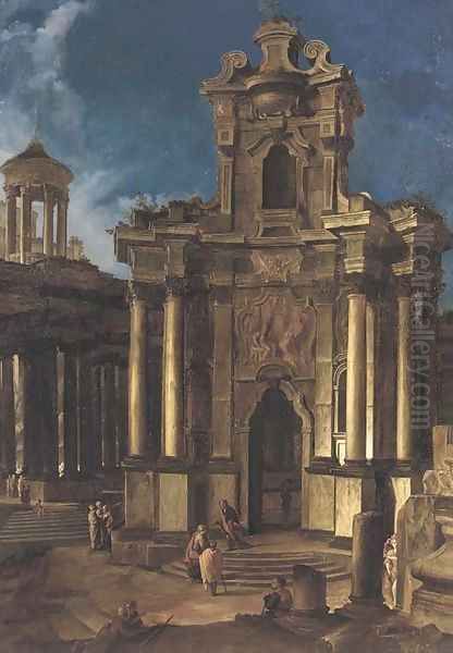 A capriccio of a Baroque church and antique ruins with figures Oil Painting by Vittorio Maria Bigari