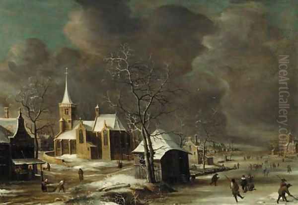 A village in winter, with villagers on a frozen waterway Oil Painting by Anthonie Beerstraaten