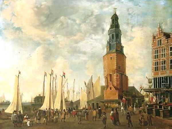 The Herring Packer's Tower, Amsterdam, with figures on the quay Oil Painting by Anthonie Beerstraaten