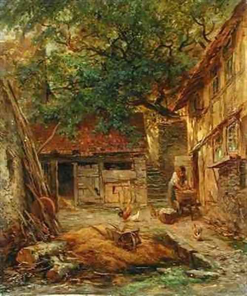 A Farmhouse Courtyard Oil Painting by Anton Burger