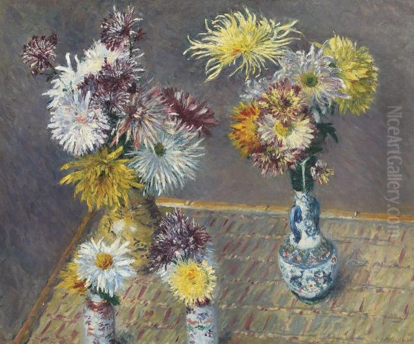 Quatre Vases De Chrysanthemes Oil Painting by Gustave Caillebotte