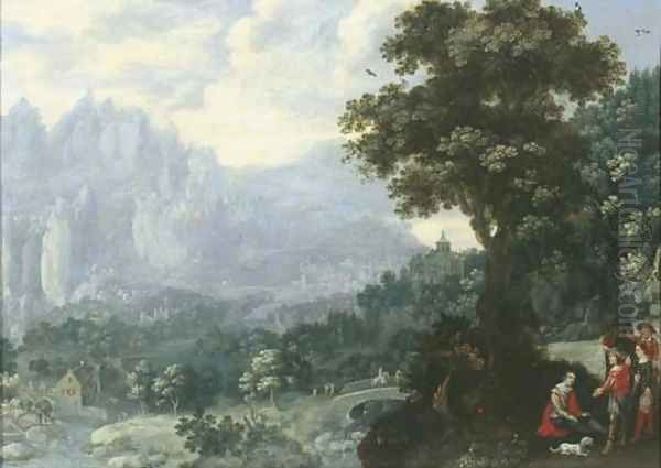 An extensive river landscape with soldiers resting by a tree, a mill and mountains beyond Oil Painting by Hans Bergaigne