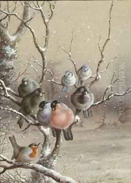 Birds on a Snowy Branch Oil Painting by Harry Bright