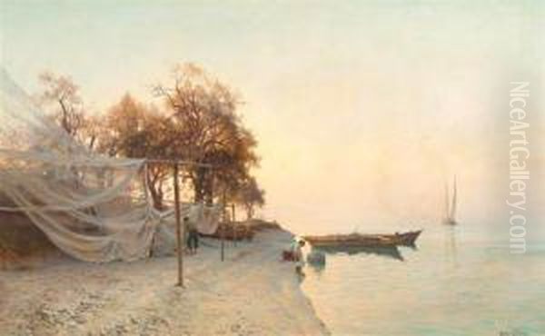 Lake Geneva. Oil Painting by Arthur Jean Bapt. Calame