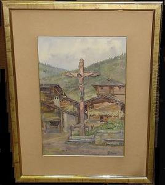 Alpine Village With Crucifixion Oil Painting by Arthur Jean Bapt. Calame