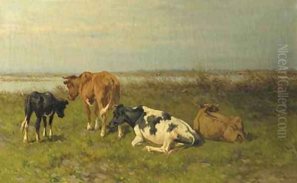 A polder landscape with cows near the water Oil Painting by Hermanus Charles Christiaan Bogman