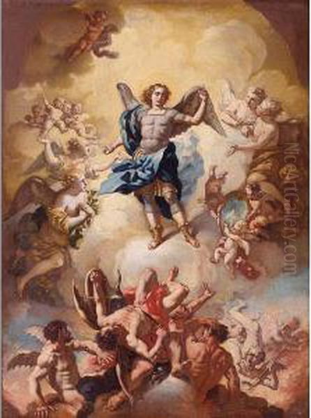 The Archangel Michael Vanquishing Satan Oil Painting by Giacinto Calandrucci