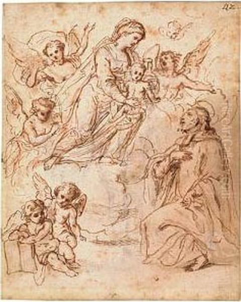 The Virgin And Child Accompanied
 By Angels Appearing To A Kneeling Jesuit Saint.<<br> Oil Painting by Giacinto Calandrucci