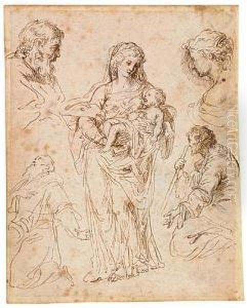 Virgin And Child And Four Figure Studies Oil Painting by Giacinto Calandrucci