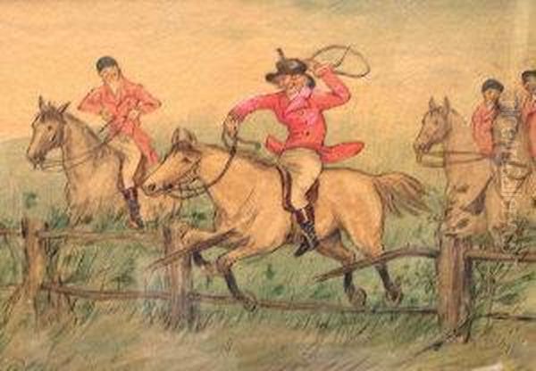 Follower Of Randolph Caldecott, 19th Century- Cartoon Of Riders Jumping A Fence Oil Painting by Randolph Caldecott